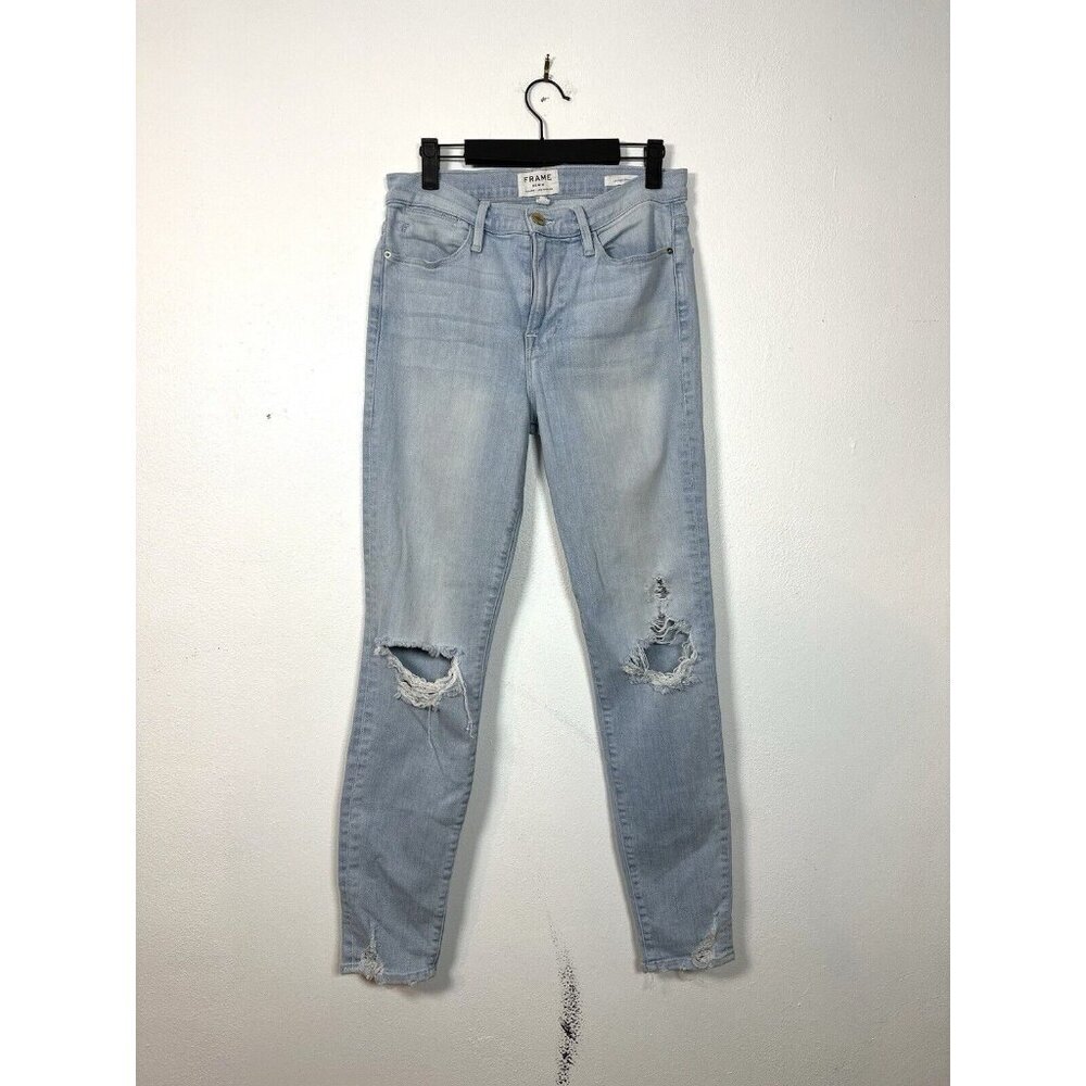 FRAME Le High Skinny Jeans Light Blue Rush Distressed Ripped Size 28 Stretch‎